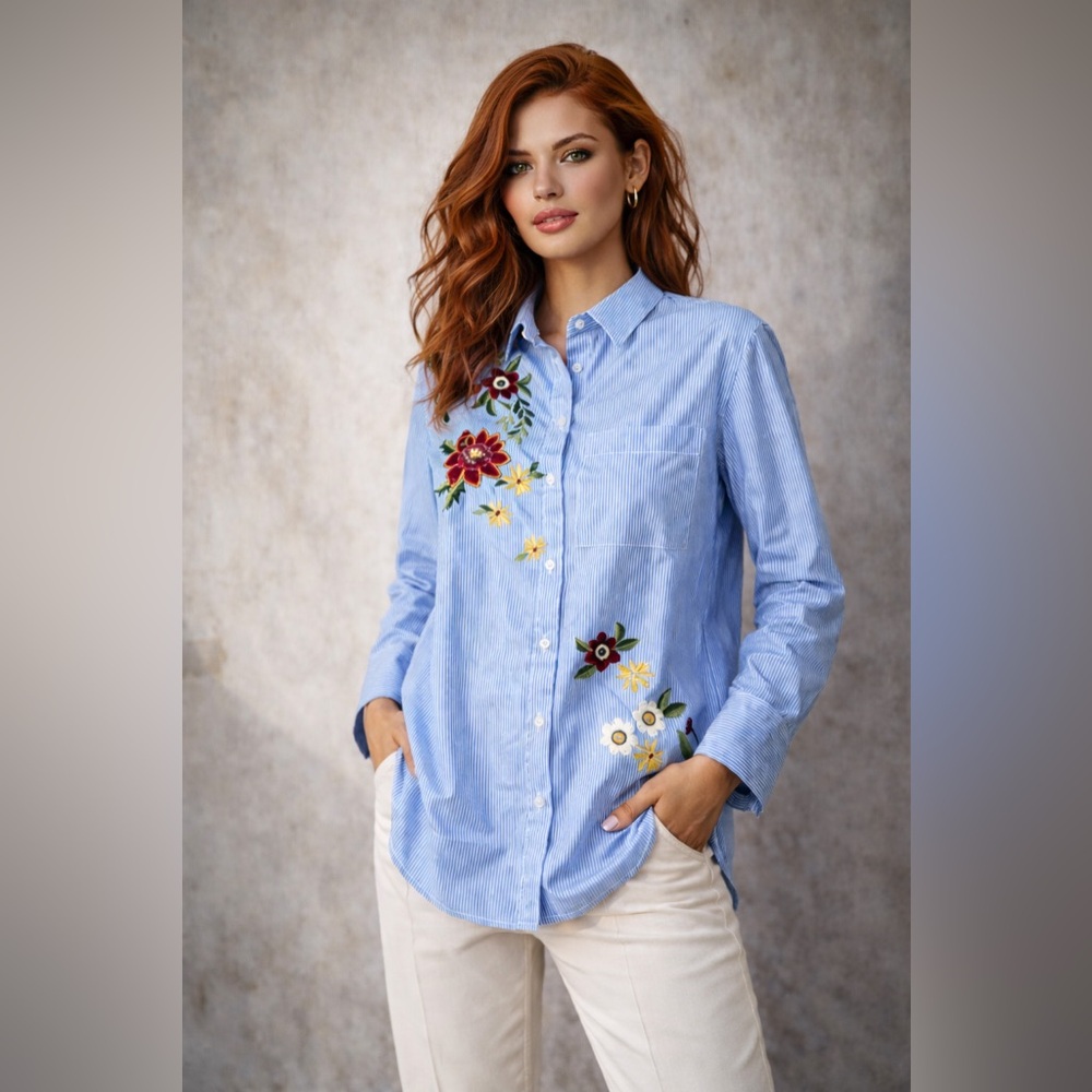 Gianni Bini Floral Embroidered Pinstripe Bell Sleeve Blouse Size Small
